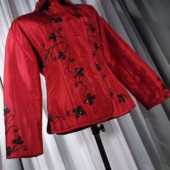 Carole Little Red 100% Lined, Padded, Sequins, Embroidered, Silk Jacket, Size S - Picture 2 of 15